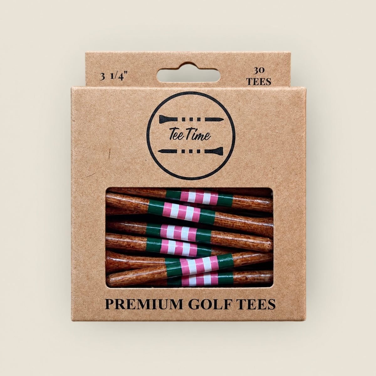 Stained Azalea 3.25” bamboo golf tees in a Tee Time Golf box.