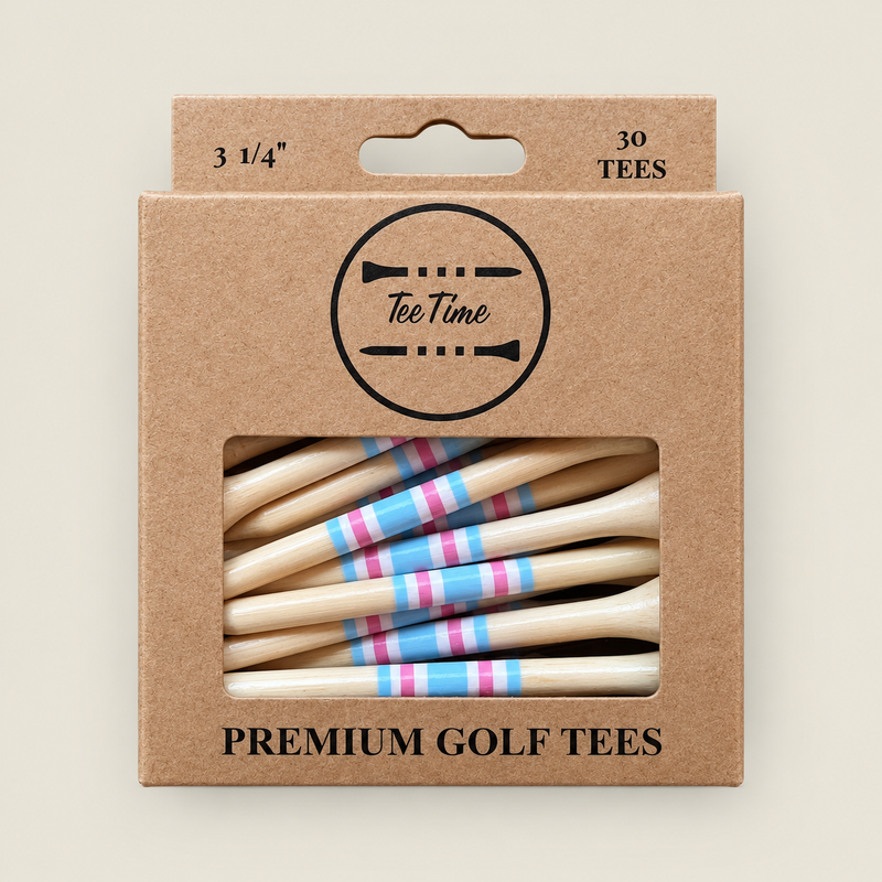 Pink Lake 3.25” bamboo golf tees in a Tee Time Golf box.